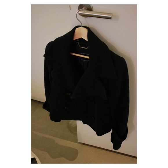 Black Wool Nylon Double Breasted Cropped Coat - Picture 3 of 8